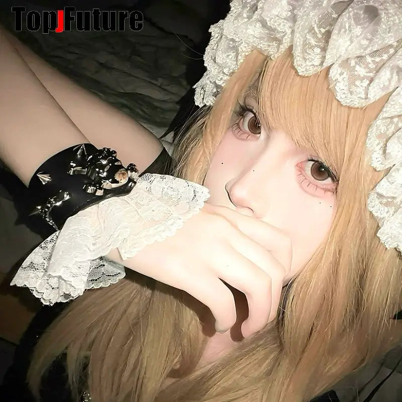 Harajuku Gothic Lolita Y2K subculture, dark punk, gothic, black and white wristband lace bracelet lace skull lace bracelet