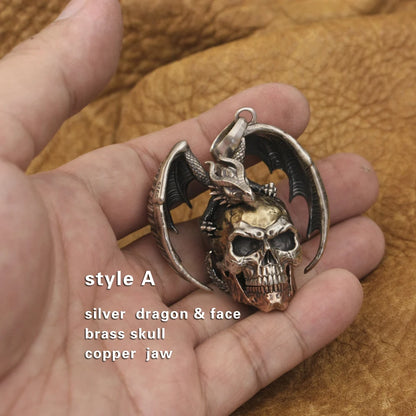 925 Sterling Silver Flying Dragon Punk Skull Pendant Details Biker Jewelry TA380