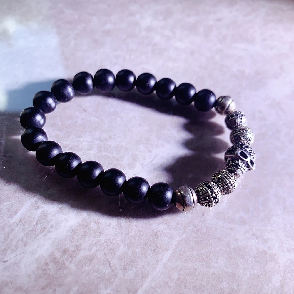 Skull Cross Bead Bracelet,Europe Style Rebel Fashion Punk Jewelry For Men And Women 925 Sterling Silver Obsidian Gift