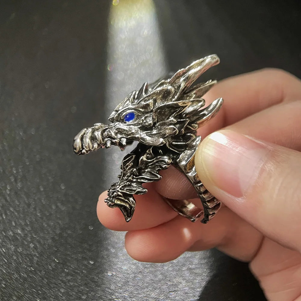 Kushala Daora Dragon of Steel Large Ring for Men Antique Gothic Open Ring Alloy Silver Plated Jewelry Cosplay Accessories Gift