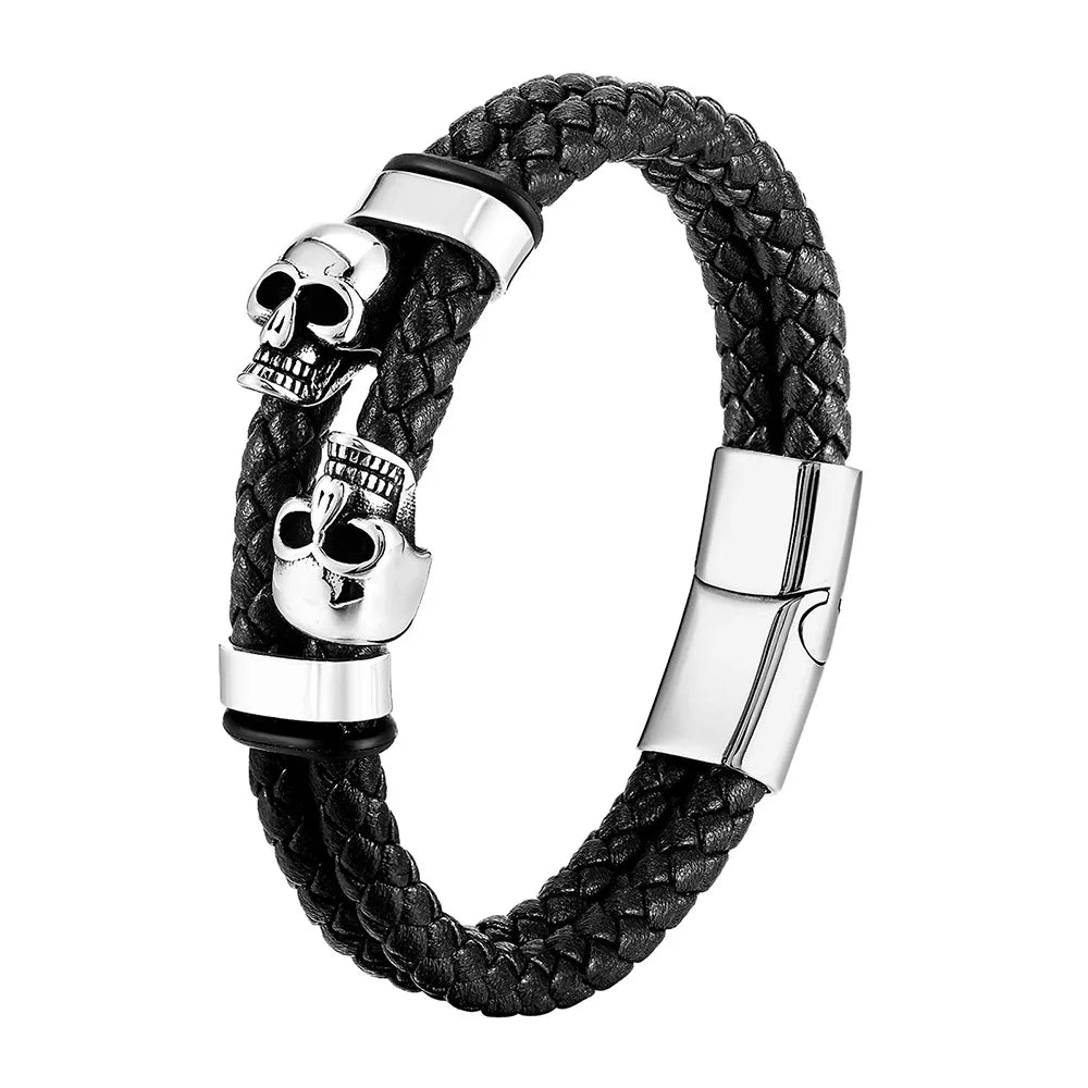 Multi-layer Bracelet Punk Stainless Steel Charm Magnetic Black Men's Leather Bracelets Braided Bangles Jewelry Homme Accessories