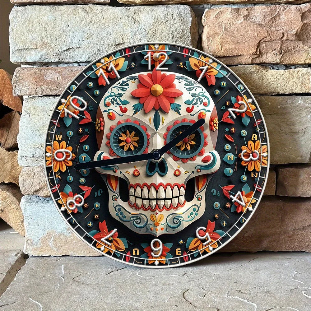 DIY Wall Clock Kit–2D High-Definition Printing–Día De Muertos Mexican Theme Includes Clock Movement for Creative Home Decor