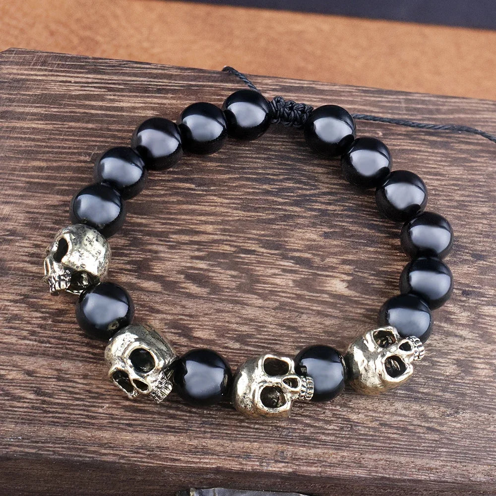 Trendy Agate Skull Bracelet Men's Vintage Handmade Adjustable Tiger's eye Bracelets Male Punk Hip Hop Charm Jewelry Dropshipping