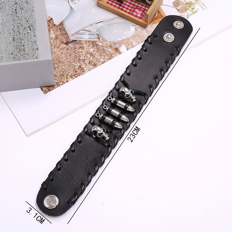 Skull Genuine Leather Wide Bracelet Punk Style Woven Cowhide Metal Skull+Bullet Bracelet Male Personalized Wristband Accessory