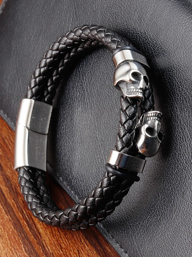 Skull Stainless Steel Fashion Punk Genuine Leather Rope Gold Bangle Magnetic Buckle Jewelry Trend 2024 Wholesale