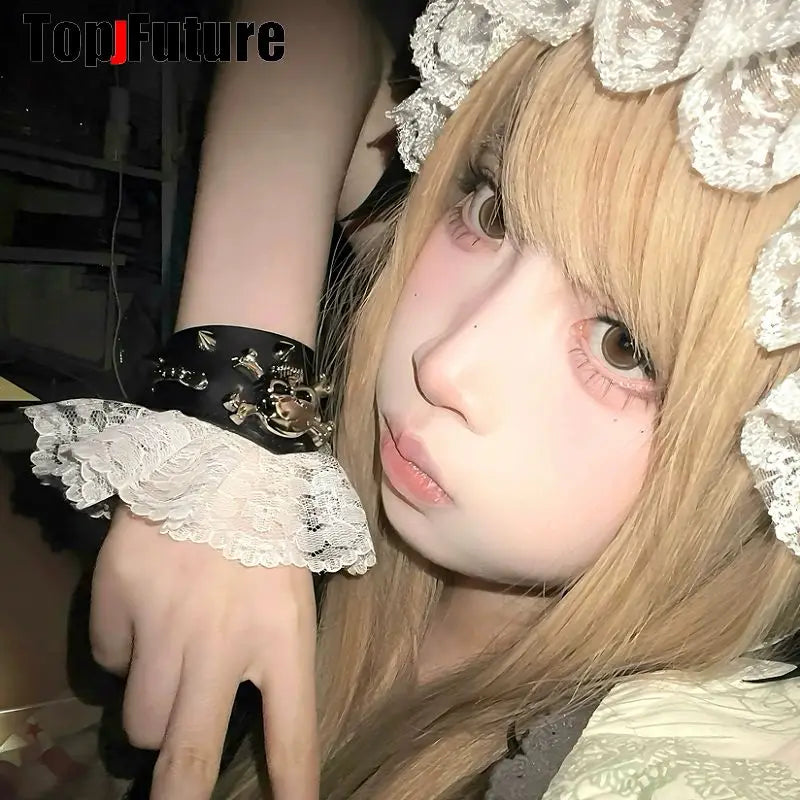 Harajuku Gothic Lolita Y2K subculture, dark punk, gothic, black and white wristband lace bracelet lace skull lace bracelet