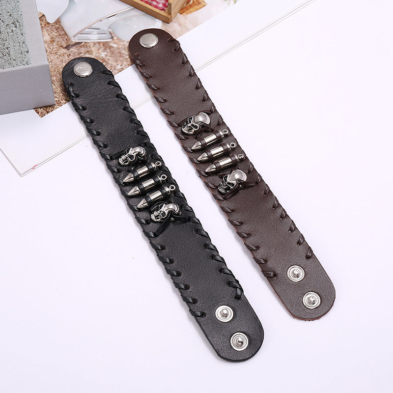 Skull Genuine Leather Wide Bracelet Punk Style Woven Cowhide Metal Skull+Bullet Bracelet Male Personalized Wristband Accessory