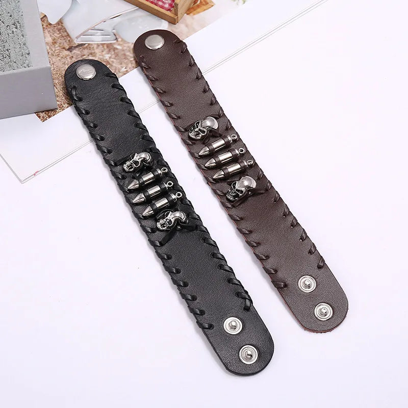 Skull Genuine Leather Wide Bracelet Punk Style Woven Cowhide Metal Skull+Bullet Bracelet Male Personalized Wristband Accessory