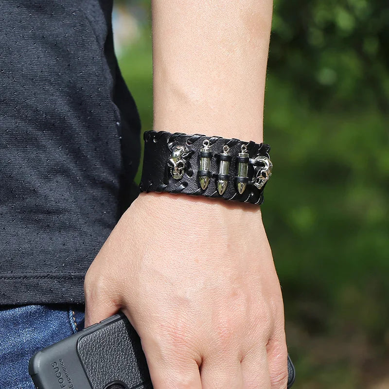 Skull Genuine Leather Wide Bracelet Punk Style Woven Cowhide Metal Skull+Bullet Bracelet Male Personalized Wristband Accessory