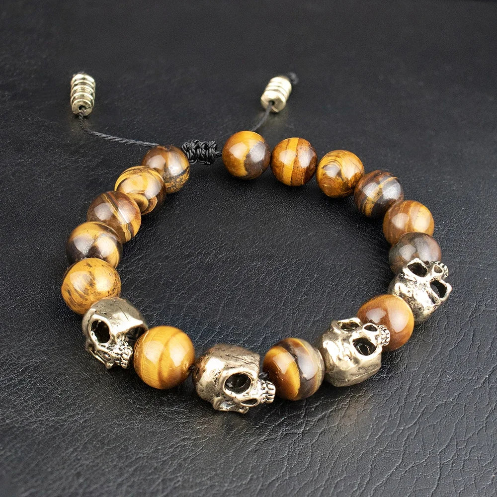 Trendy Agate Skull Bracelet Men's Vintage Handmade Adjustable Tiger's eye Bracelets Male Punk Hip Hop Charm Jewelry Dropshipping