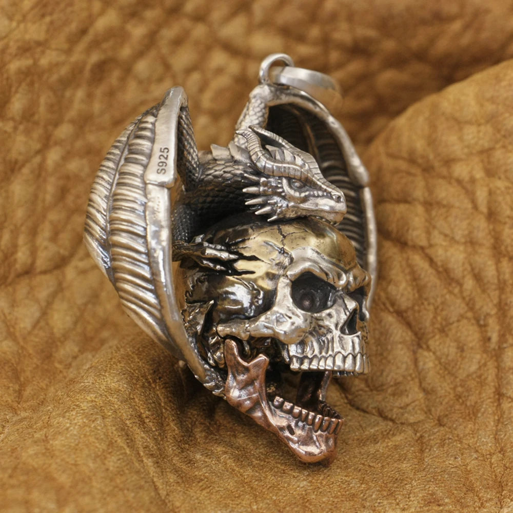 925 Sterling Silver Flying Dragon Punk Skull Pendant Details Biker Jewelry TA380