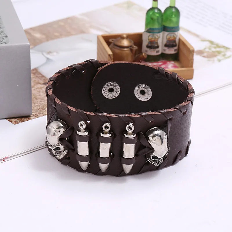 Skull Genuine Leather Wide Bracelet Punk Style Woven Cowhide Metal Skull+Bullet Bracelet Male Personalized Wristband Accessory