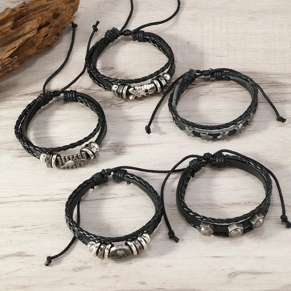 Fashion Viking Punk Bracelet For Men Hand Bracelets Multi-Layer Woven Skull Head Star Accessories Jewelry Leather Set Gifts