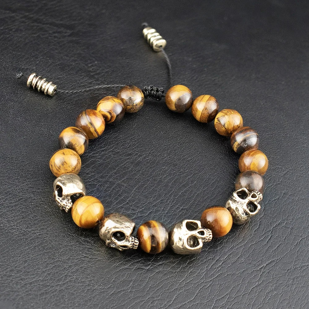 Trendy Agate Skull Bracelet Men's Vintage Handmade Adjustable Tiger's eye Bracelets Male Punk Hip Hop Charm Jewelry Dropshipping