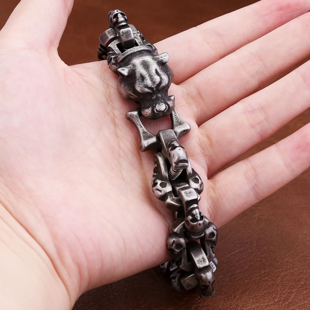 New Vintage Black Leopard Head Bracelet For Men Boys Stainless Steel High Quality Skull