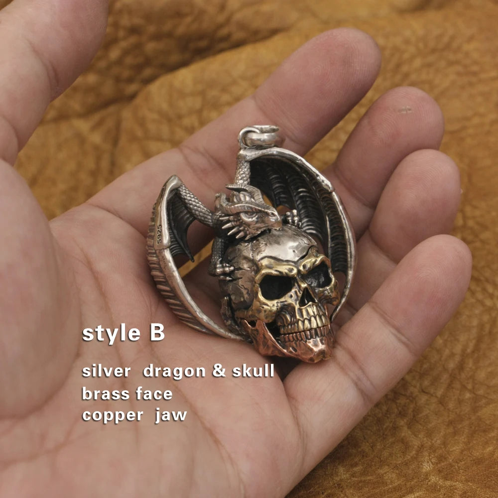 925 Sterling Silver Flying Dragon Punk Skull Pendant Details Biker Jewelry TA380