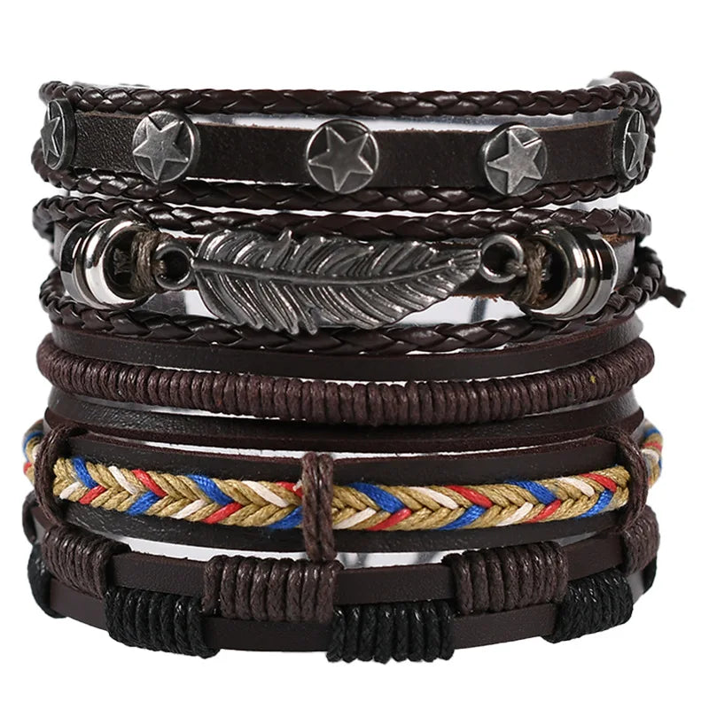 Fashion Viking Punk Bracelet For Men Hand Bracelets Multi-Layer Woven Skull Head Star Accessories Jewelry Leather Set Gifts