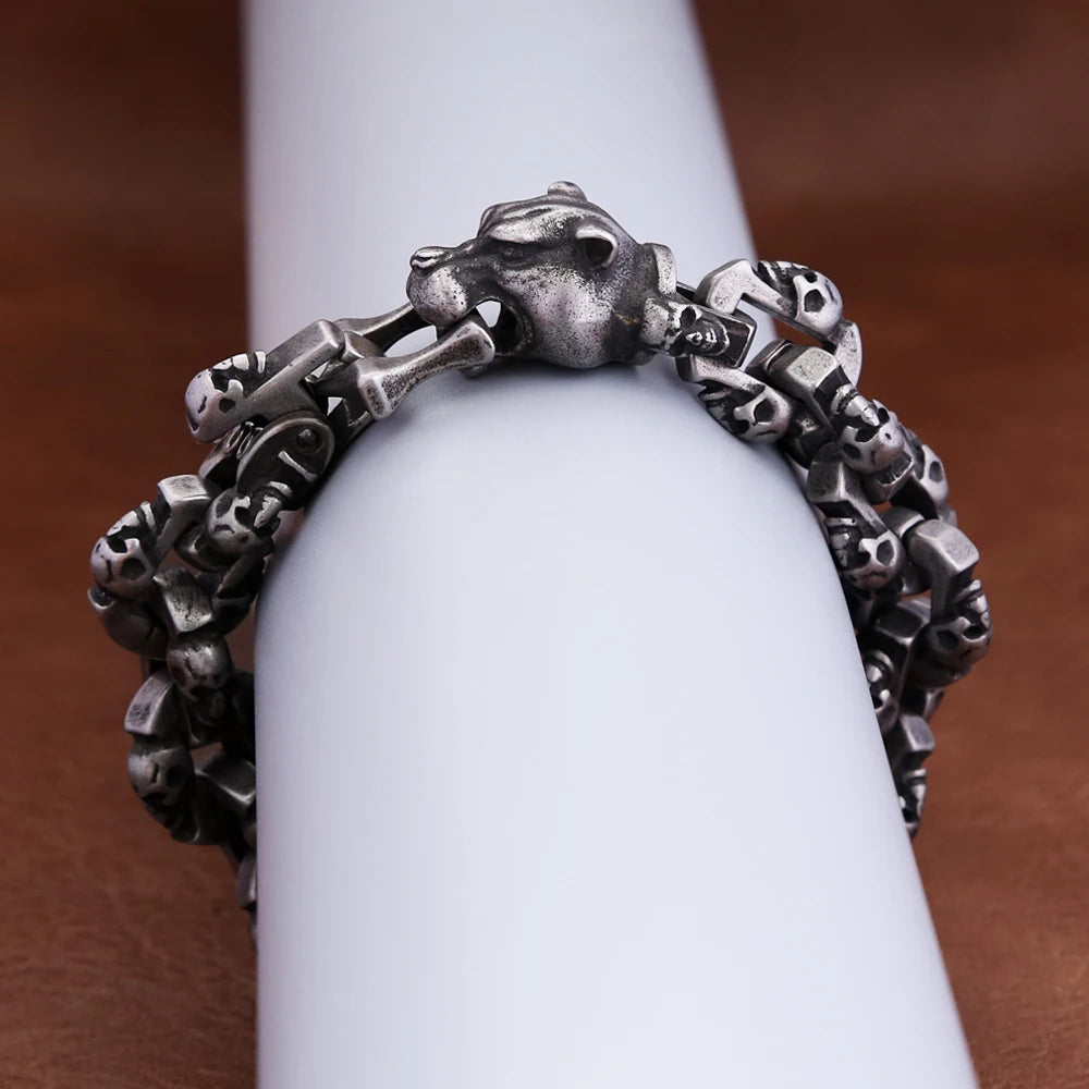 New Vintage Black Leopard Head Bracelet For Men Boys Stainless Steel High Quality Skull