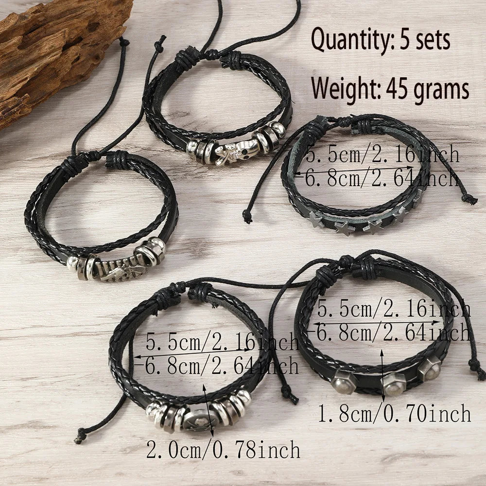 Fashion Viking Punk Bracelet For Men Hand Bracelets Multi-Layer Woven Skull Head Star Accessories Jewelry Leather Set Gifts
