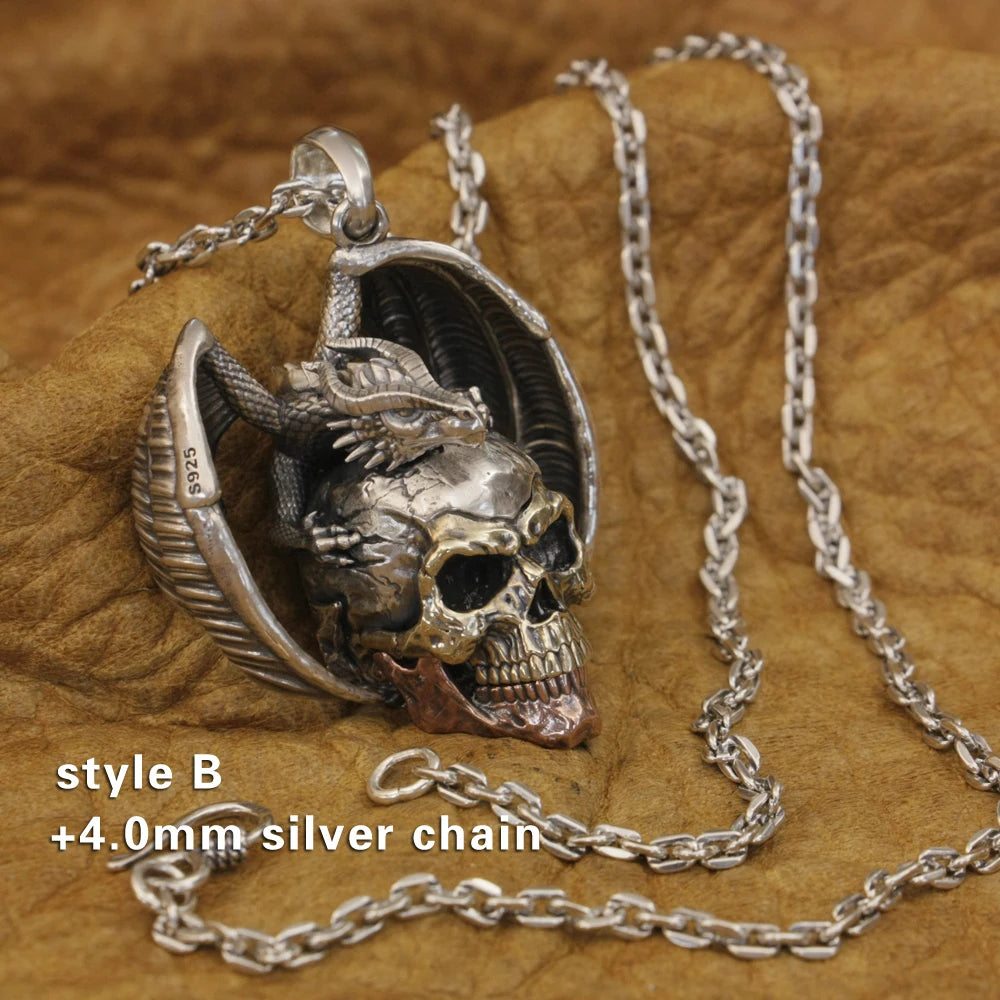 925 Sterling Silver Flying Dragon Punk Skull Pendant Details Biker Jewelry TA380