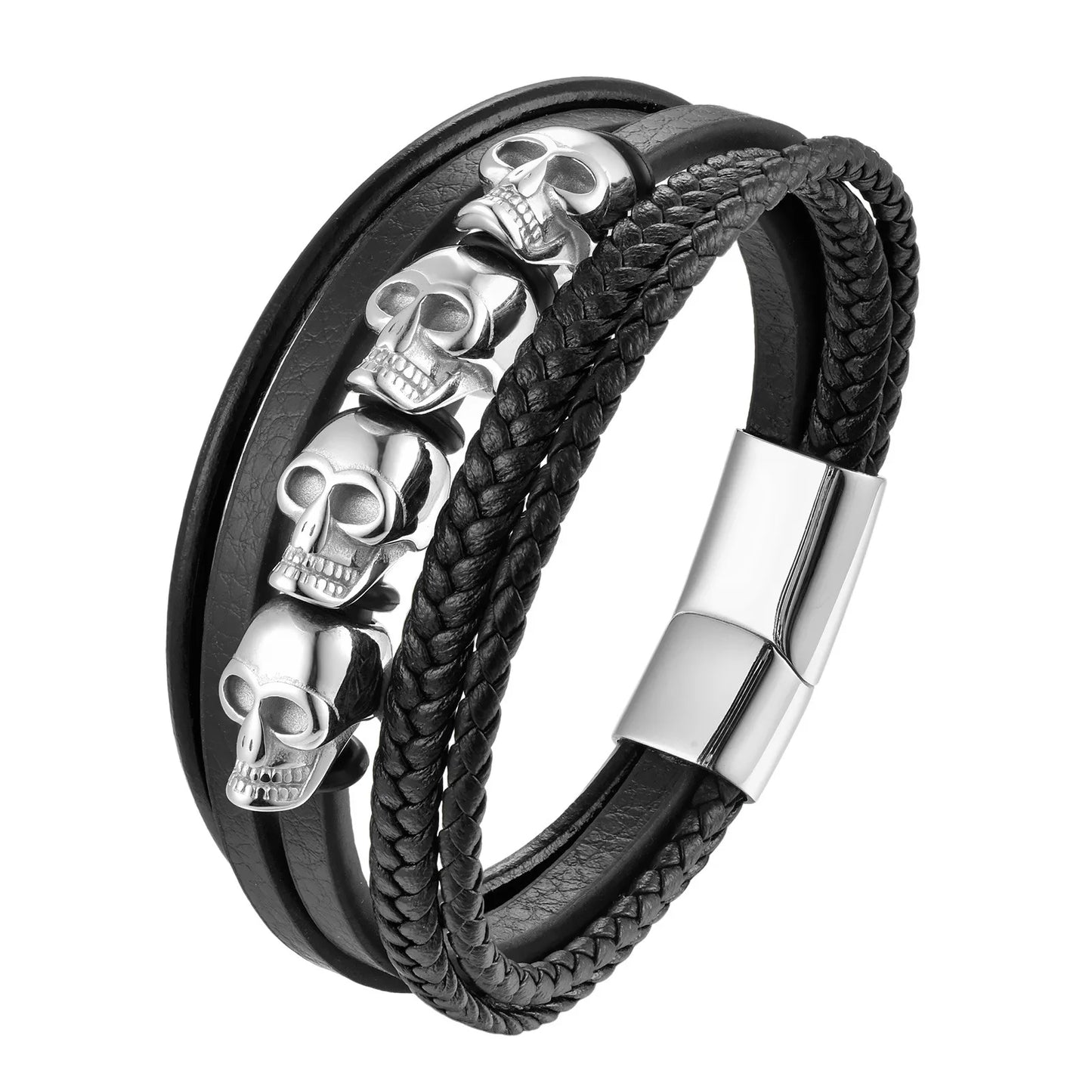 Hyperbole Men Jewelry Black Braided Leather Bracelets Stainless Steel Leahter Bracelets Cool Skull Bracelets Men Bracelet