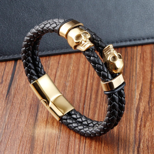 Skull Stainless Steel Fashion Punk Genuine Leather Rope Gold Bangle Magnetic Buckle Jewelry Trend 2024 Wholesale