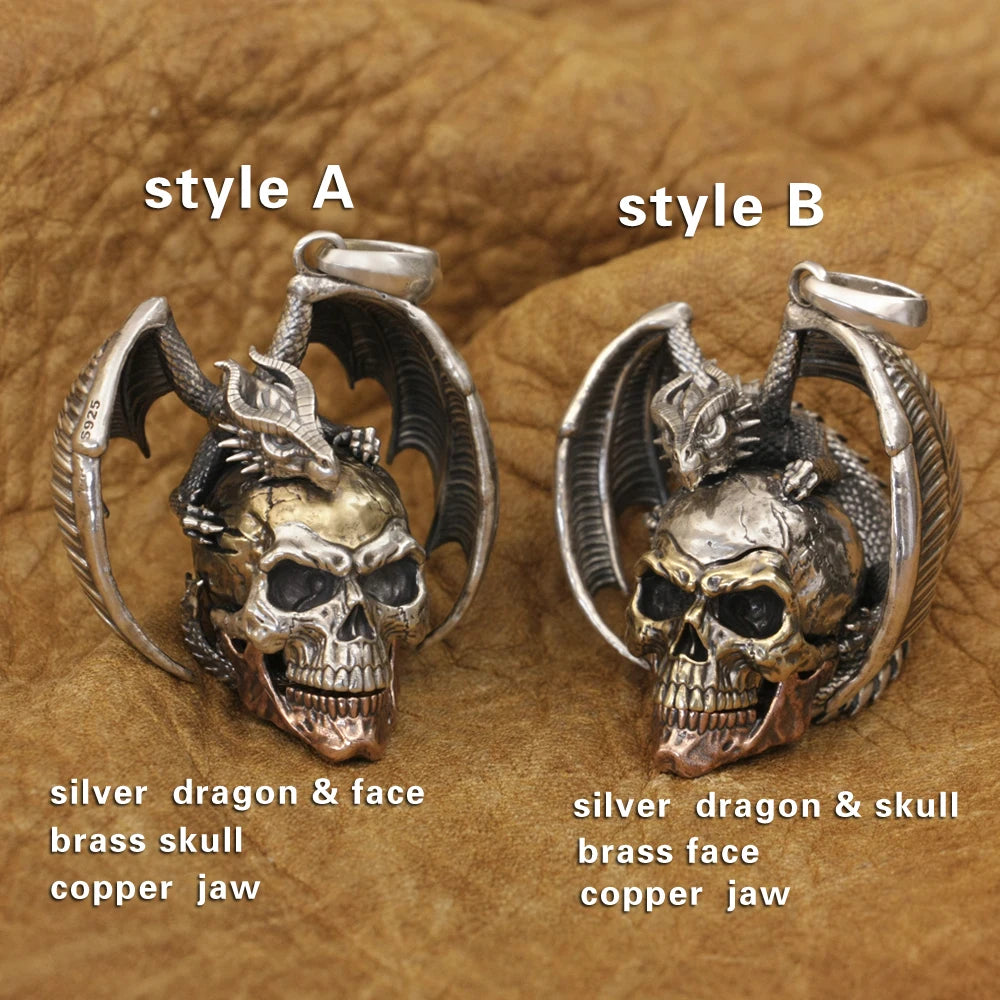 925 Sterling Silver Flying Dragon Punk Skull Pendant Details Biker Jewelry TA380