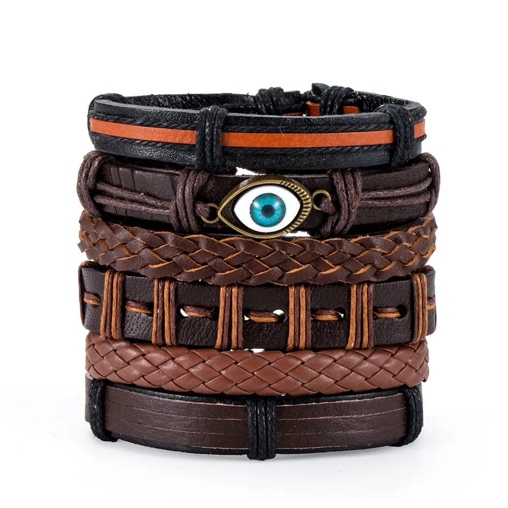 Fashion Viking Punk Bracelet For Men Hand Bracelets Multi-Layer Woven Skull Head Star Accessories Jewelry Leather Set Gifts