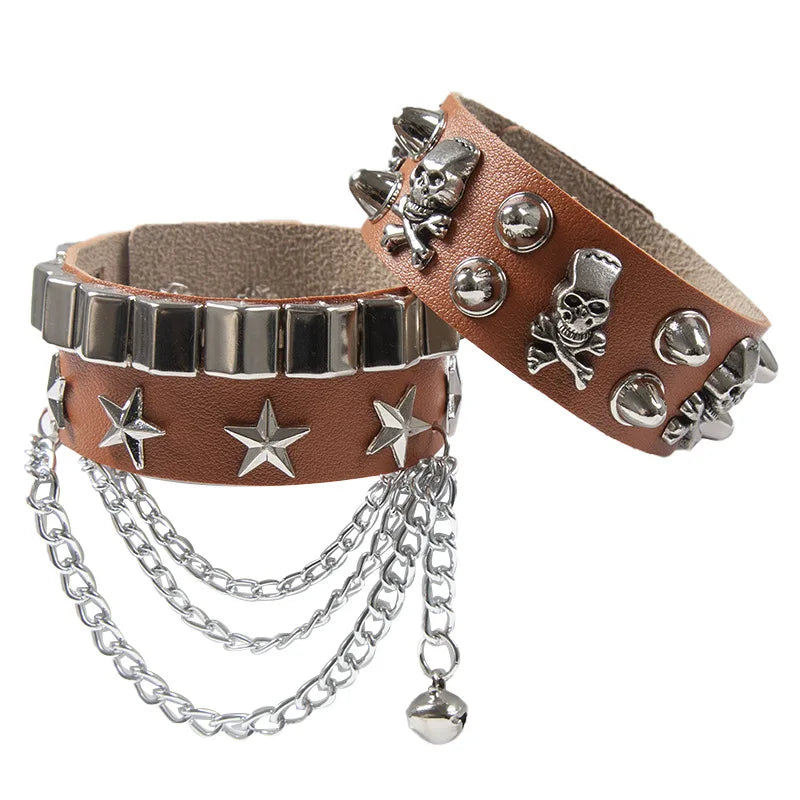 2PCS/Set Emo Goth Punk Bracelets Women Boho Skull Rivets PU Leather Bracelet Metal Chain Ball Tassels Bangles Festival Jewelry