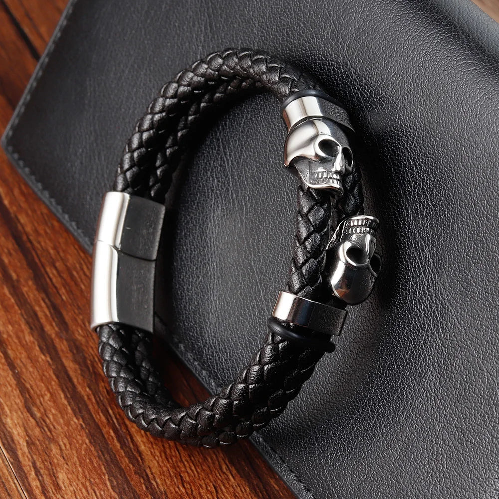 Multi-layer Bracelet Punk Stainless Steel Charm Magnetic Black Men's Leather Bracelets Braided Bangles Jewelry Homme Accessories