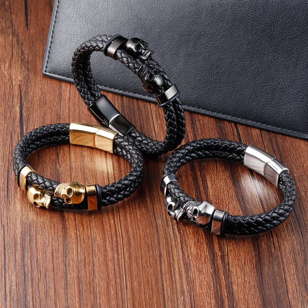 Multi-layer Bracelet Punk Stainless Steel Charm Magnetic Black Men's Leather Bracelets Braided Bangles Jewelry Homme Accessories