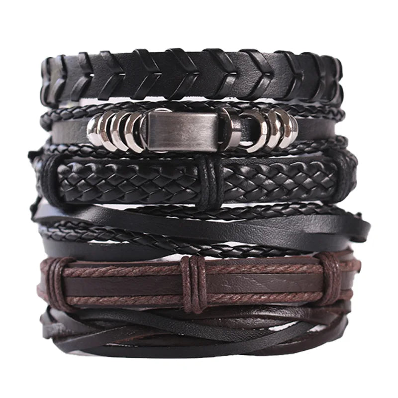 Fashion Viking Punk Bracelet For Men Hand Bracelets Multi-Layer Woven Skull Head Star Accessories Jewelry Leather Set Gifts
