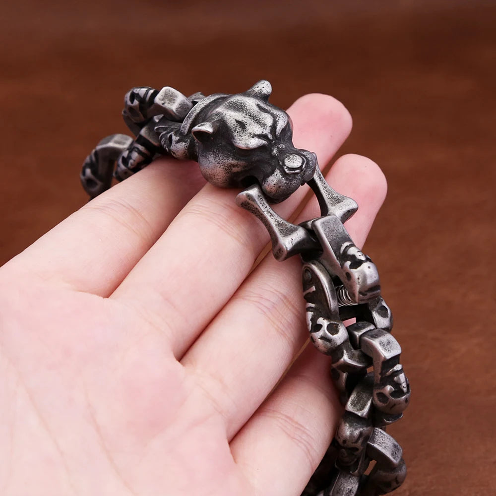 New Vintage Black Leopard Head Bracelet For Men Boys Stainless Steel High Quality Skull