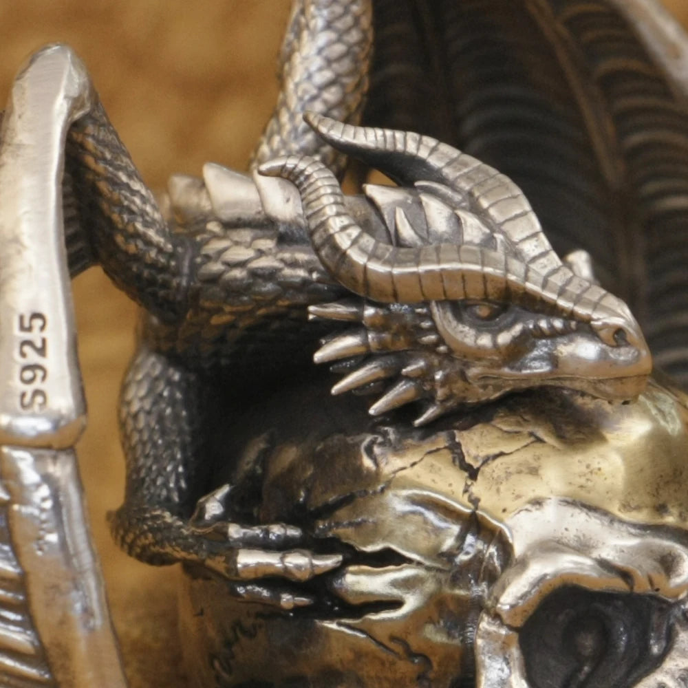 925 Sterling Silver Flying Dragon Punk Skull Pendant Details Biker Jewelry TA380