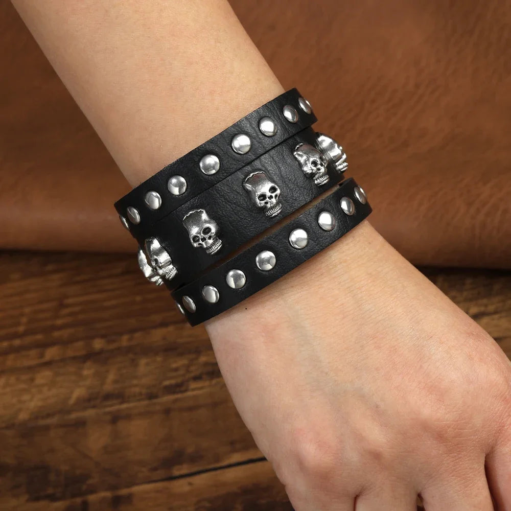 2024  Jewelry Handmade Weave Genuine Leather Bracelet Men Vintage Cuff Wide Leather Skull Bracelet Pulsera Hombre