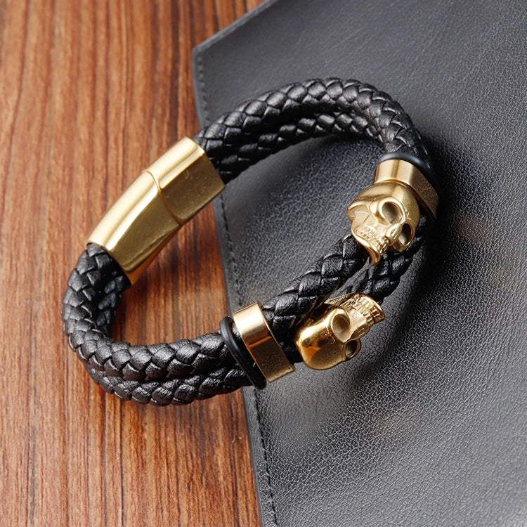 Skull Stainless Steel Fashion Punk Genuine Leather Rope Gold Bangle Magnetic Buckle Jewelry Trend 2024 Wholesale