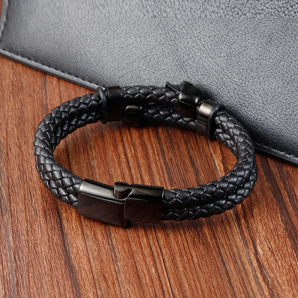 Multi-layer Bracelet Punk Stainless Steel Charm Magnetic Black Men's Leather Bracelets Braided Bangles Jewelry Homme Accessories