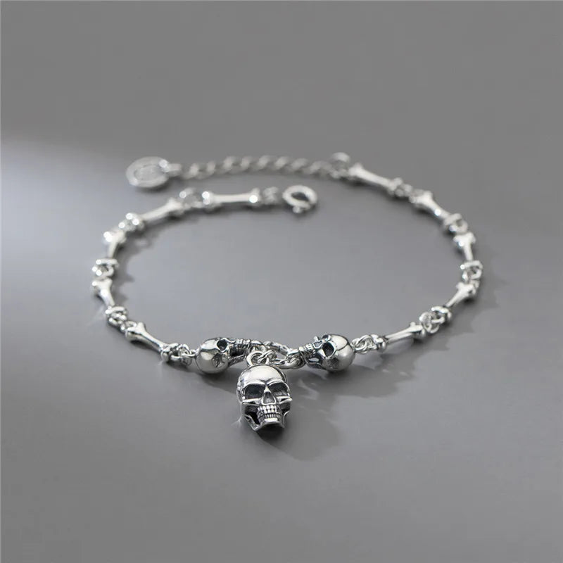 YIZIZAI Gothic Style 100% 925 Sterling Silver Men Women Creative Retro Skull Bone Chain Bracelet For Halloween party