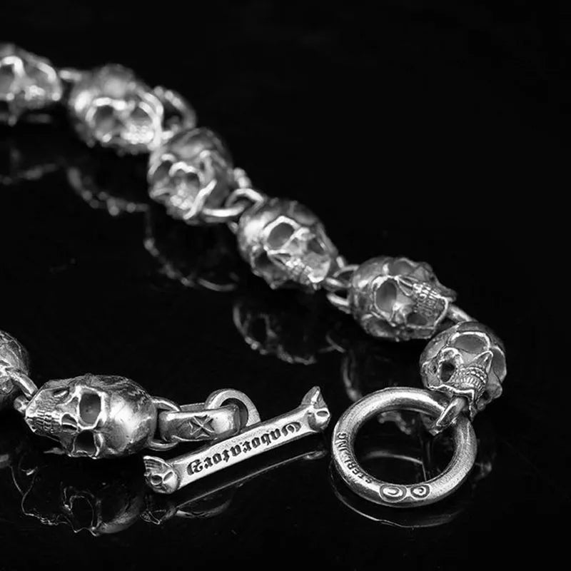 S925 Silver American Garber Style Handmade Skull Motorcycle Hand String Trend Men's and Women's Skeleton Vintage Punk Bracelet