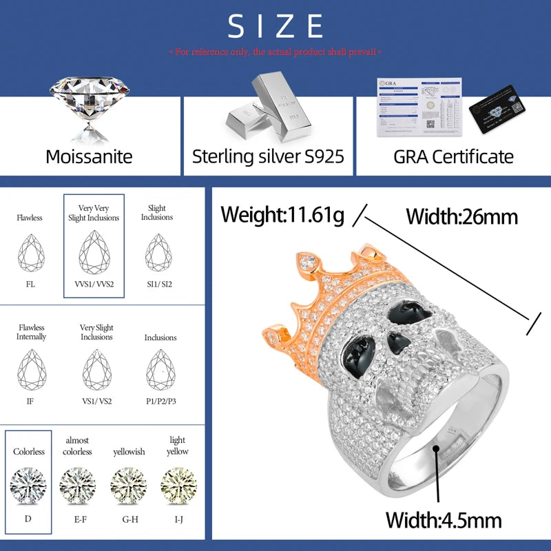 ICEDOUTBOX Moissanite Crown Skull Ring For Men Lab Diamond Sterling Silver Iced Out Hip Hop Rings for Woman Sparkling Jewelry