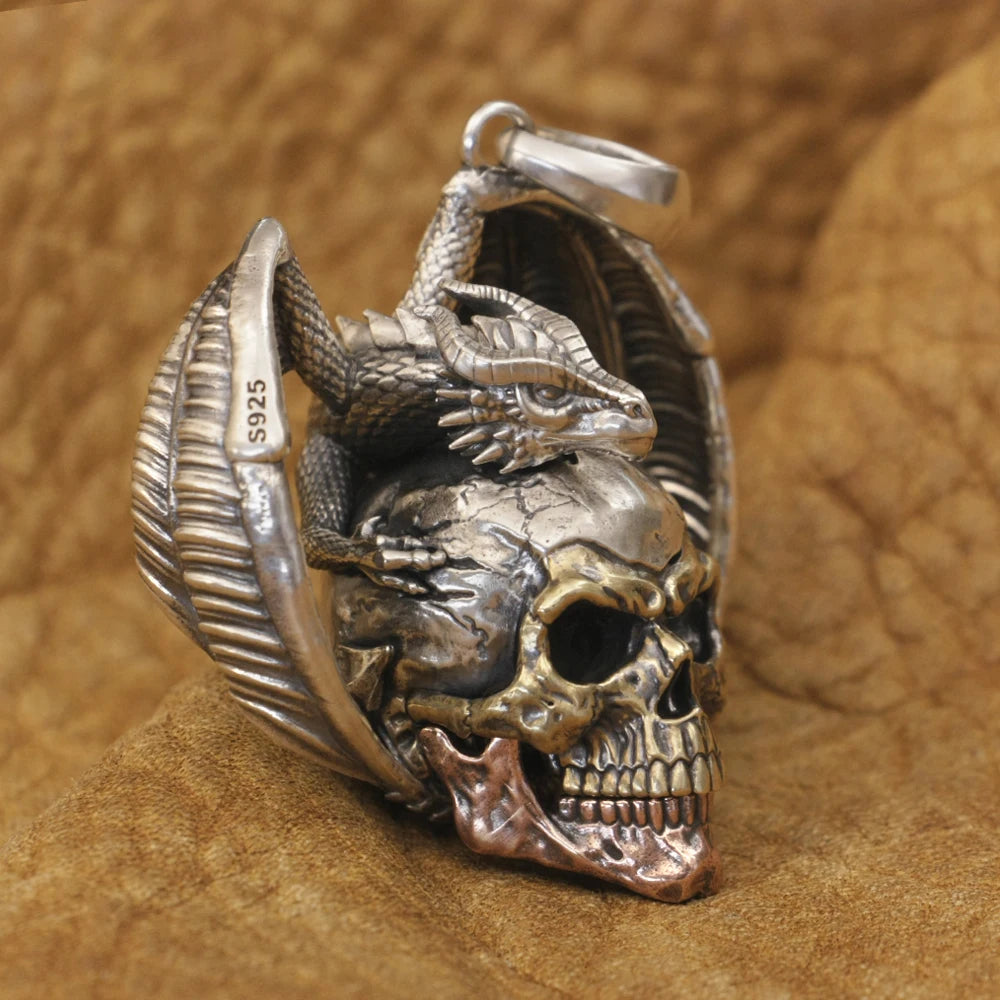 925 Sterling Silver Flying Dragon Punk Skull Pendant Details Biker Jewelry TA380