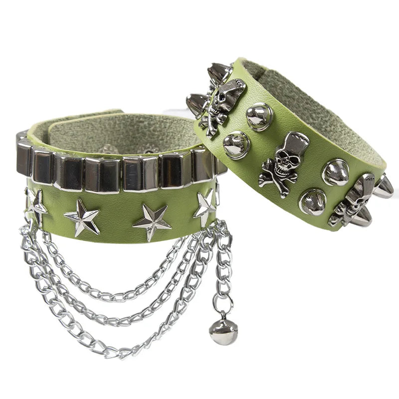 2PCS/Set Emo Goth Punk Bracelets Women Boho Skull Rivets PU Leather Bracelet Metal Chain Ball Tassels Bangles Festival Jewelry