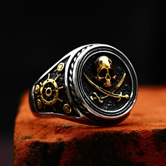 Viking Pirate Signet Double Knife Skull Rings for Men Stainless Steel Viking Ring Biker Amulet Vintage Jewelry Gift Dropshipping