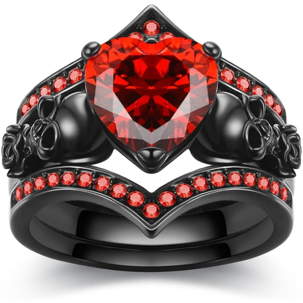 Gothic Black Rose Flower Skull Engagement Ring Set Red Purple Heart Zircon Crystal Anniversary Mother's Day Holiday Gift Jewelry