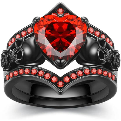 Gothic Black Rose Flower Skull Engagement Ring Set Red Purple Heart Zircon Crystal Anniversary Mother's Day Holiday Gift Jewelry