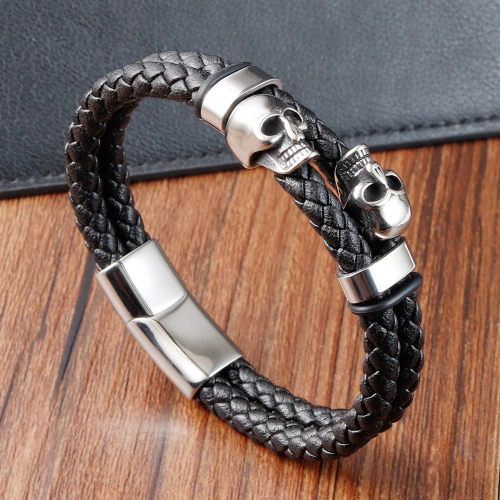 Skull Stainless Steel Fashion Punk Genuine Leather Rope Gold Bangle Magnetic Buckle Jewelry Trend 2024 Wholesale
