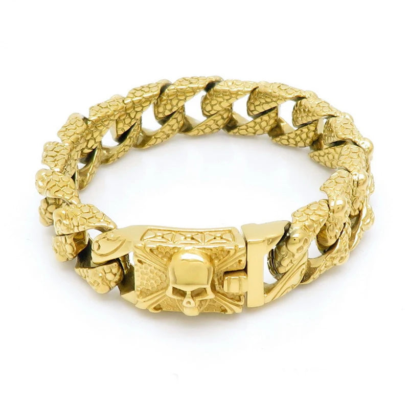 Fongten Gothic Mens Bracelets Stainless Steel Skull Franco Curb Chain Bracelet For Men Multiple Color Skeleton Armband Jewelry