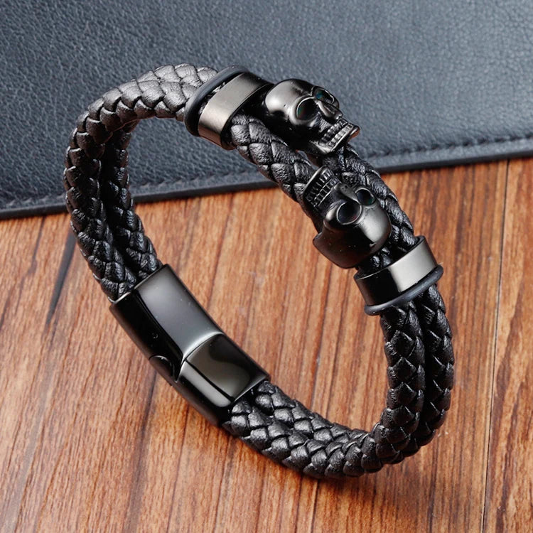 Skull Stainless Steel Fashion Punk Genuine Leather Rope Gold Bangle Magnetic Buckle Jewelry Trend 2024 Wholesale