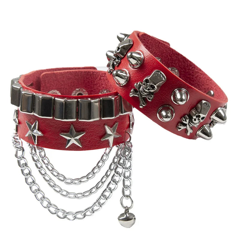 2PCS/Set Emo Goth Punk Bracelets Women Boho Skull Rivets PU Leather Bracelet Metal Chain Ball Tassels Bangles Festival Jewelry