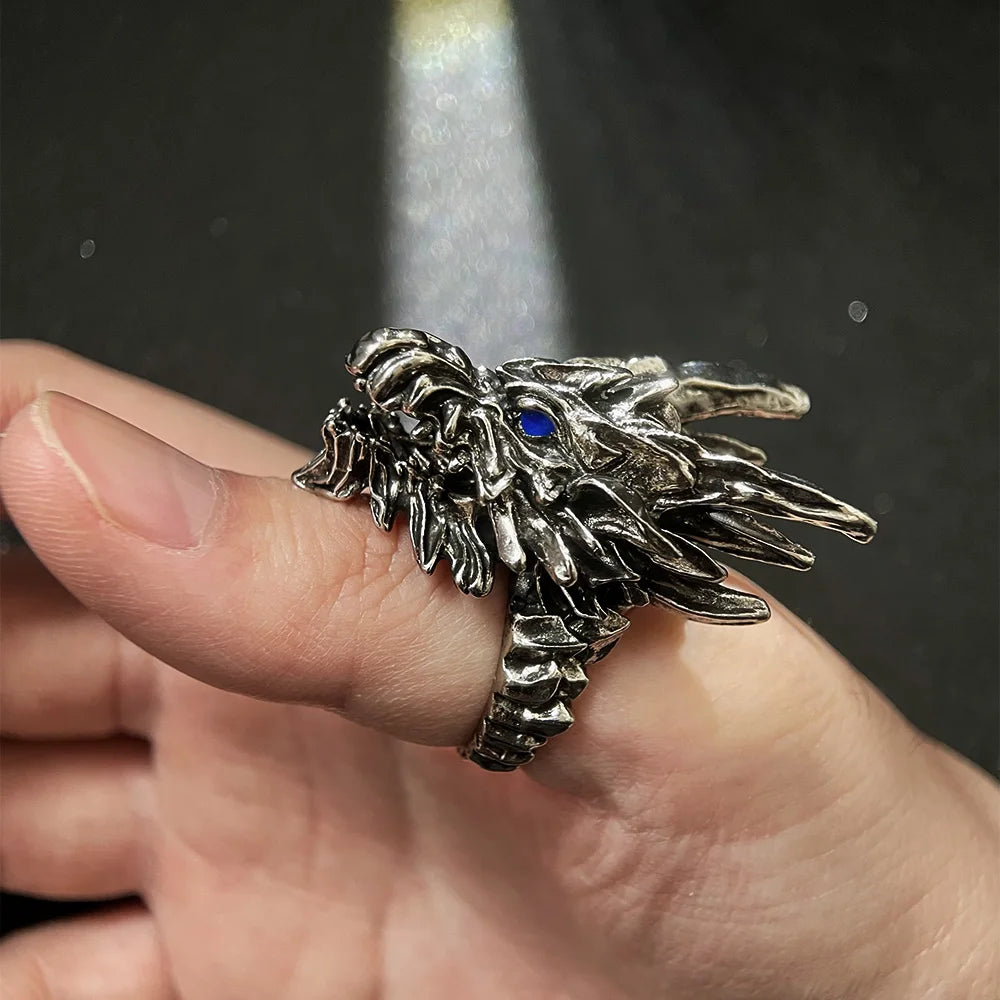 Kushala Daora Dragon of Steel Large Ring for Men Antique Gothic Open Ring Alloy Silver Plated Jewelry Cosplay Accessories Gift